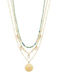 Mood - Gold Blue Coastal Bead And Mother Of Pearl Charm Layered Necklaces - Pack Of 3 - Lyst