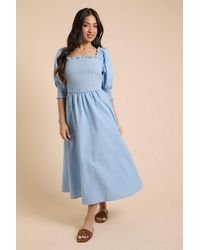 Dorothy Perkins - Petite Contrast Stitch Shirred Bodice Puff Sleeve Midi Dress - Lyst