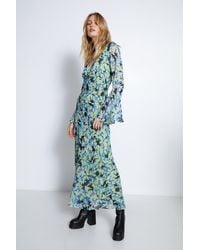 Warehouse - Blurred Animal Printed V Neck Fluted Sleeve Maxi Dress - Lyst