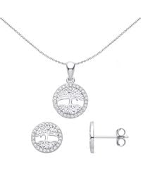 Jewelco London - Sterling Cz Circle Of Life Tree Halo Earrings Necklace Set - Lyst