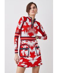 Karen Millen - Mirror Floral Jacquard Knit Zip Neck Mini Dress - Lyst