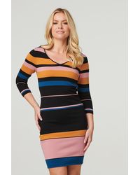 Izabel London - Striped 3/4 Sleeve Knit Dress - Lyst