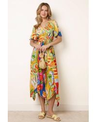 Blue Vanilla - Shirred Waist Multi Short Sleeve V-Neck Midi Dress - Lyst