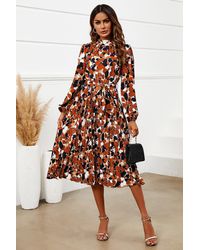 FS Collection - Floral Print High Neck Long Sleeve Midi Dress In Rust - Lyst