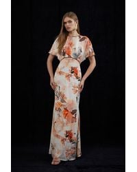 Karen Millen - Petite Blurred Floral Woven Column Angel Sleeve Maxi Dress - Lyst