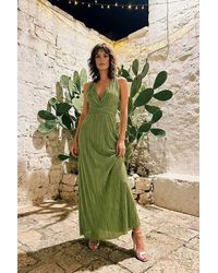 WOVCOR - Plisse V Neck Maxi Dress With Gathered Waist Detail - Lyst