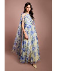 Coast - Pleated Mesh Printed Cape Maxi Dress With Gemstone - Lyst