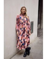 Native Youth - Geometric Print High Neck Ruffle Long Sleeve Midi Dress - Lyst