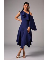 Coast - Petite One Shoulder Ruffle Crepe Midi Wedding Guest Dress - Lyst