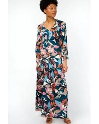 Little Mistress - Barcelona Leaf Print Satin Frill Maxi Dress - Lyst