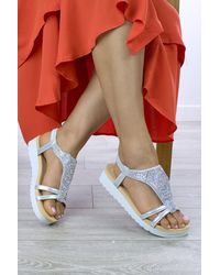 AJVANI - Flat Heel Flatform Diamante T-Bar Slingback Comfort Sandals - Lyst