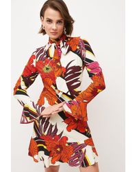 Karen Millen - Stripe Floral Tie Neck Woven Mini Dress - Lyst