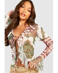 Boohoo - Tall Paisley Ruffle Mesh Flare Cuff Lace Up Top - Lyst
