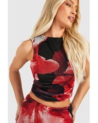 Boohoo - Floral Mesh Ruched Front Top - Lyst