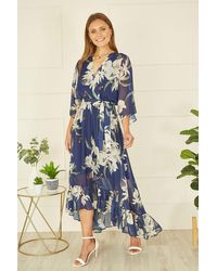 Yumi' - Floral Print Navy Kimono Midi Wrap Dress - Lyst