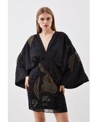 Karen Millen - Plunge Embellished Woven Kimono Sleeve Mini Dress - Lyst