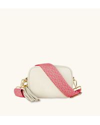 Apatchy London - Stone Leather Crossbody Bag With Neon Pink Cross-stitch Strap - Lyst