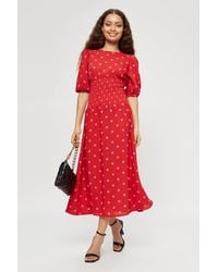 Dorothy Perkins - Petite Red Pink Spot Shirred Midi Dress - Lyst