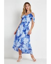 Wallis - Blue Floral Cold Shoulder Dress - Lyst