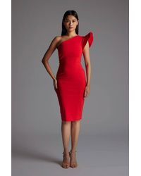 Vesper - One Shoulder Bodycon Midi Dress With Frill - Lyst