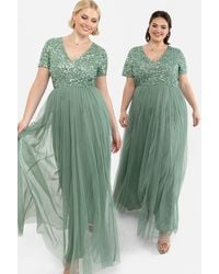 Maya Deluxe - Short Sleeve V Neck Embellished Maxi Dress - Lyst