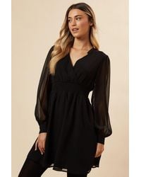 Dorothy Perkins - Chiffon Long Sleeve Shirred Waist Mini Dress - Lyst