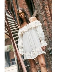 Nasty Gal - Cotton Embroidered Lace Ruffle Bardot Tie Front Mini Dress - Lyst