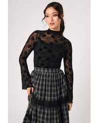 Hell Bunny - Velvet Flocked Cameo Rose Mesh High Neck Long Sleeve Top - Lyst