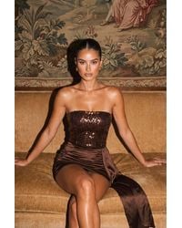 Rebellious Fashion - Sarah Sequin Bandeau Satin Drape Detail Mini Dress - Lyst
