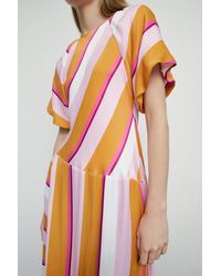 Warehouse - Petite Satin Puff Sleeve Stripe Midi Dress - Lyst