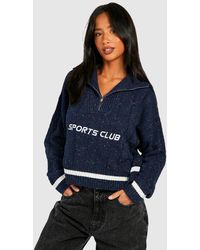 Boohoo - Petite Embroidered Cable Knit Cropped Half Zip Sweater - Lyst
