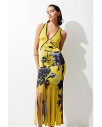 Karen Millen - Abstract Slinky Jacquard Knitted Maxi Shredded Hem Dress - Lyst