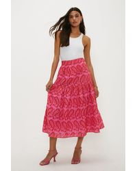 Oasis - Pink Broderie Tiered Midi Skirt - Lyst