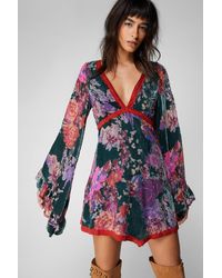 Nasty Gal - Lace Trim Floral Devore Flare Sleeve Mini Dress - Lyst