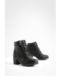 Boohoo - Wide Fit Lace Up Heeled Hiker Boots - Lyst