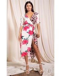 Dancing Leopard - Olivera Floral Print Midi Dress Stylish Wrap Front V-neck Outfit - Lyst