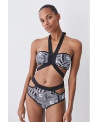 Karen Millen - Mono Print Halter Neck Tie Detail Bikini Top - Lyst