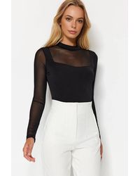 WOVCOR - Sheer Mesh Panel Long Sleeve High Neck Bodysuit - Lyst