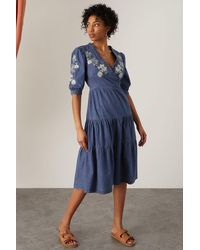 Monsoon - 'dianna' Denim Embroidered Wrap Dolly Dress - Lyst