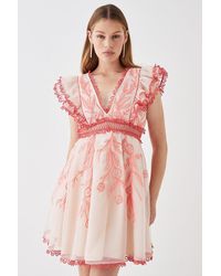 Coast - Premium Embroidered Organza Mini Dress With Ruffle Shoulder - Lyst