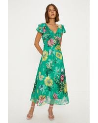 Oasis - Petite Bright Floral Satin Burnout Ruffle Midi Dress - Lyst
