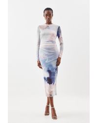 Karen Millen - Cloud Printed Mesh Ruched Midaxi Dress - Lyst