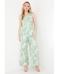 Oasis - Sage Floral Ottoman Twill Belted Wide Leg Jumpsuit - Lyst