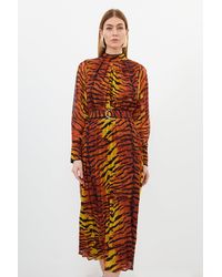 Karen Millen - Wild Tiger Printed Georgette Woven Midi Dress - Lyst