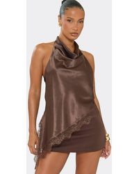 EGO - Sleeveless Cowl Neck Asymmetric Hem Satin Top - Lyst