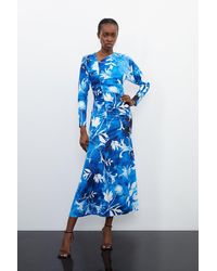 Karen Millen - Pressed Floral Print Asymmetric Jersey Crepe Maxi Dress - Lyst