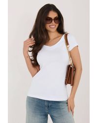 Love Lace - Office Cotton V-Neck Short Sleeve Blouse - Lyst