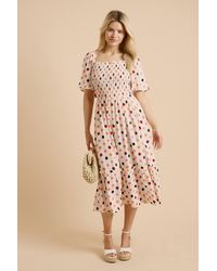 Dorothy Perkins - Spot Shirred Bodice Flutter Sleeve Midi Dress - Lyst