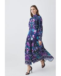 Karen Millen - Boarder Floral Print Satin Woven Midi Dress - Lyst