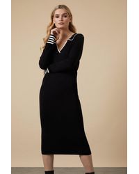 Wallis - Black Tipped Collar Knitted Dress - Lyst